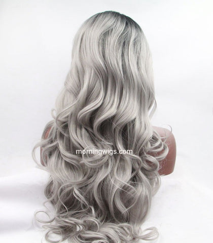 24 inches black ombre gray bodywave synthetic lace front synthetic wig - Luckin Wigs