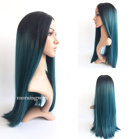 20 inches black ombre green straight synthetic lace front wig - Luckin Wigs