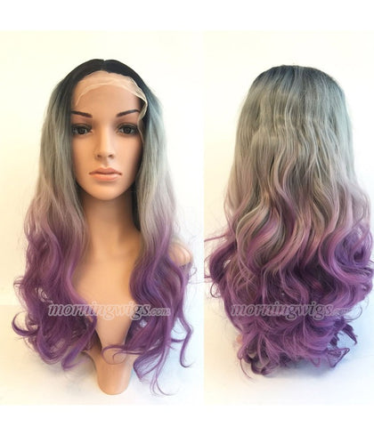 22 inches black-gray-light purple ombre bodywave synthetic lace front wig - Luckin Wigs